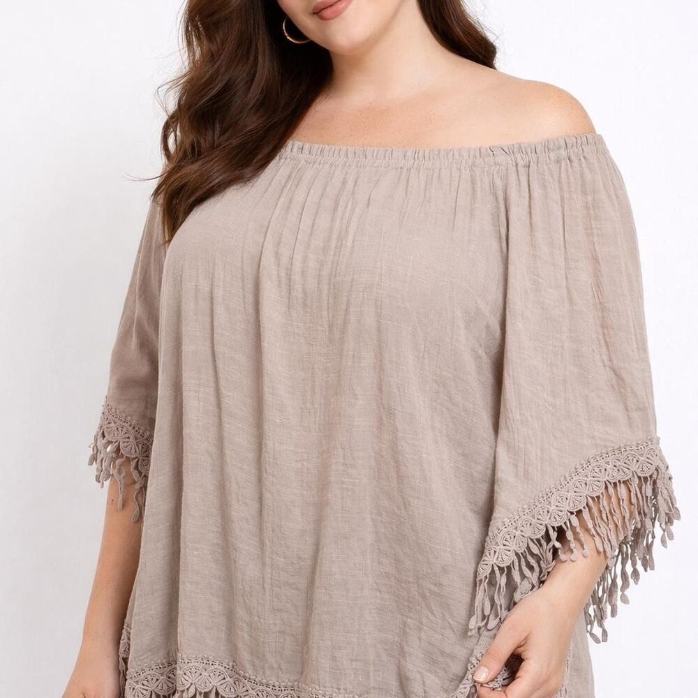 Tan Boho Blouse Shirt Large Fringe Sleeve Off Shoulder Crochet Lace Romantic